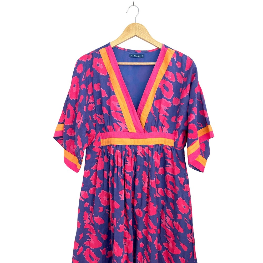 La Plage Leopard Surf Vintage Kaftan Cotton Midi Dress Pink Purple Orange Small - Picture 3 of 8